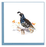 Greeting card featuring a quilled design of a quail with chicks and poppies