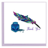 Thank you card featuring a quilled design of a feather quill pen and ink bottle