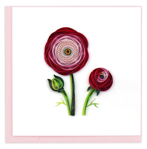 Quilled greeting card of two pink and red Ranunculus' 