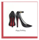  A pair of heels in black and red and reads Happy Birthday.