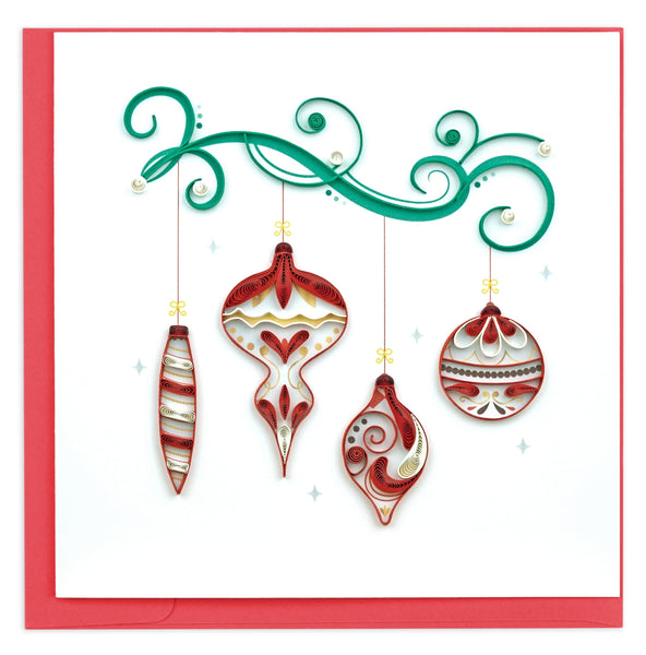 red Christmas ornaments, sphere ornament, diamond ornament, green swirls