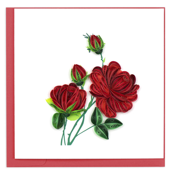 Blank greeting card featuring a quilled design of red roses