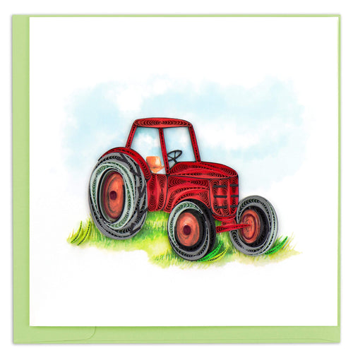 Blank greeting card of a red tractor on watercolor background of green grass and blue sky