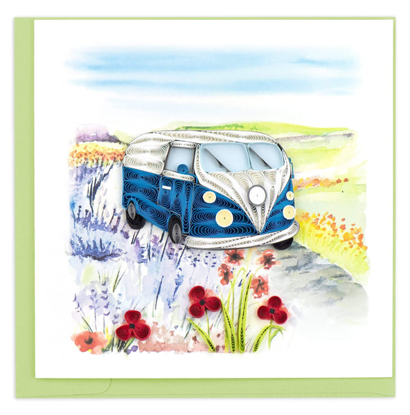 Blank Quilled Card of a vintage blue and white van driving down a winding road