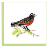 Greeting card featuring a quilled design of a robin perched on a branch