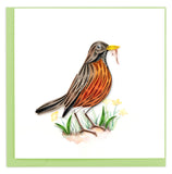 small bird, brown-red feathers, worm, yellow beak, grass