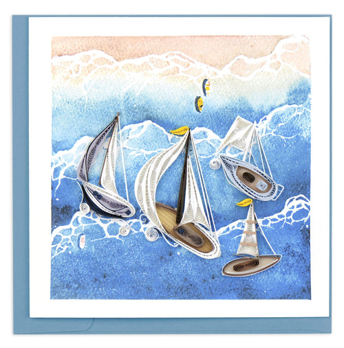 Blank Quilled Card of a Sailboat Fleet on a watercolor ocean background