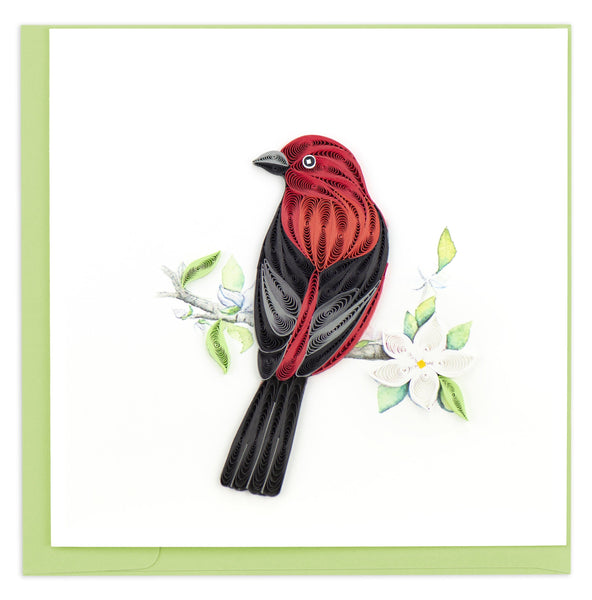 Quilled Blank Card of a Scarlet Tanager perched on a branch with white flowers.