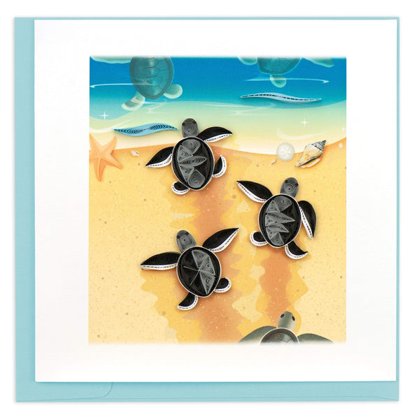 Blank greeting card of three quilled sea turtle babies crawling through the sand to the ocean