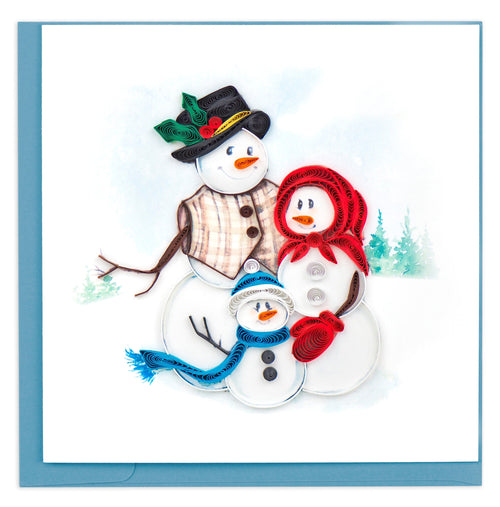 snowman christmas card, snoman family dressed up in holiday attire.