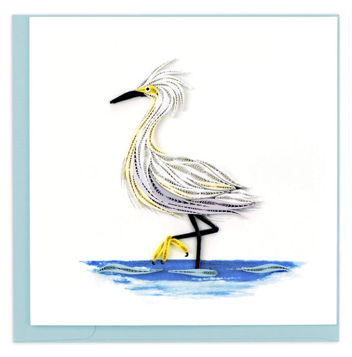 Blank Quilled Card of a Snowy Egret perched on one leg