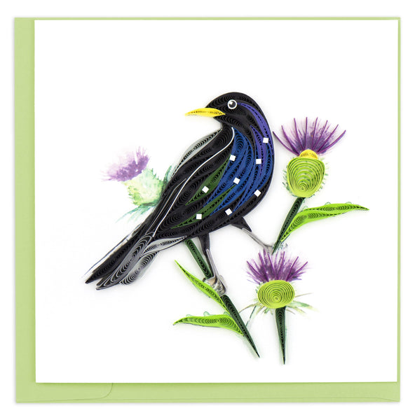 Blank Quilled Card of a blue, green, black and gray Starling perched on a thistle.