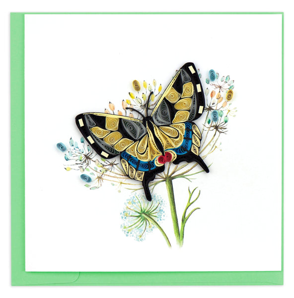 Blank greeting card of a quilled Swallowtail Butterfly resting on a flower