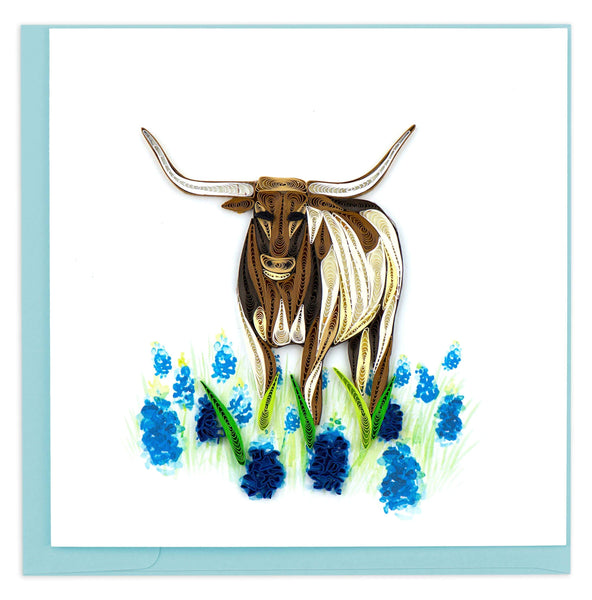 Blank greeting card featuring a quilled design of a Texas Longhorn surrounded by blue bonnet flowers