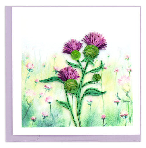 Blank Quilled Greeting Card of a Thistle over a printed watercolor background