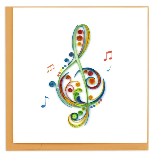 A treble clef in rainbow colors of red, green, yellow and blue.