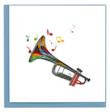 Blank greeting card of a quilled trumpet in rainbow colors and musical notes emerging from the bell