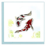 Blank greeting card featuring a quilled design of two koi fish