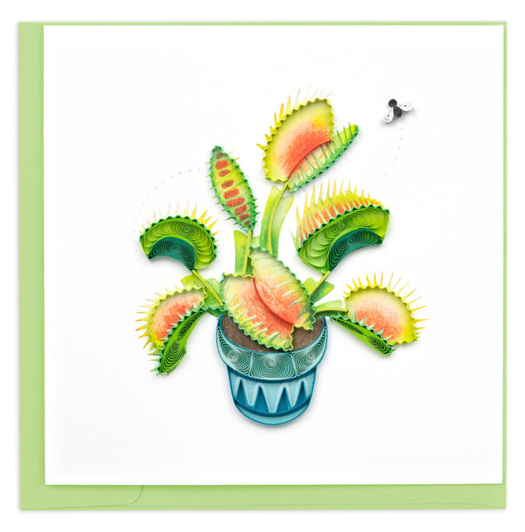 blank greeting card of a quilled Venus fly trap plant.