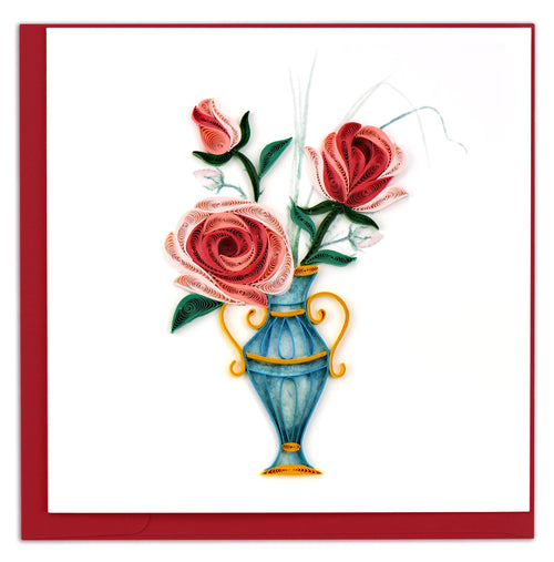 Blank Quilled Card of three roses in a victorian style vase