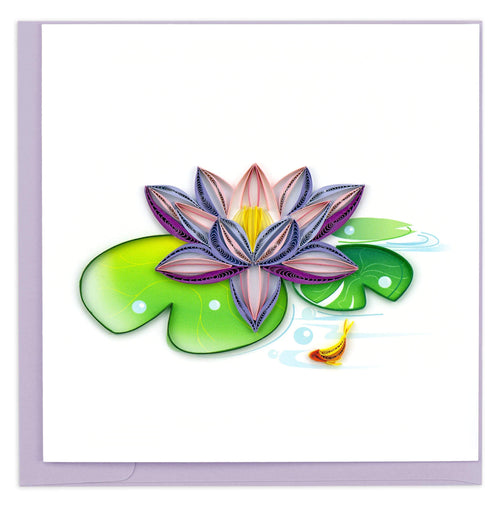 Blank greeting card featuring a quilled design of a water lily
