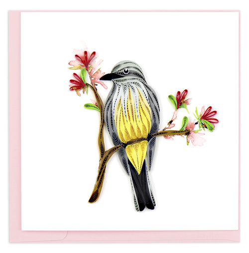 Blank Quilled Card of a Western Kingbird perched on a flowery branch