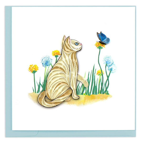 Blank Greeting Card of a white cat in field of dandelions with blue butterfly