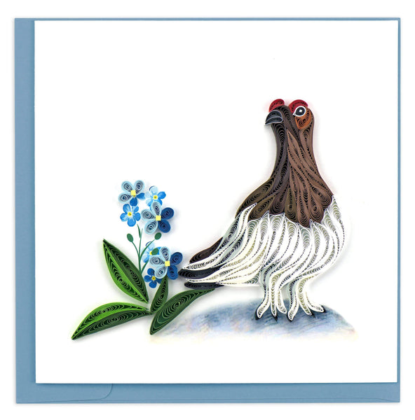 Greeting card featuring a quilled design of a willow ptarmigan bird