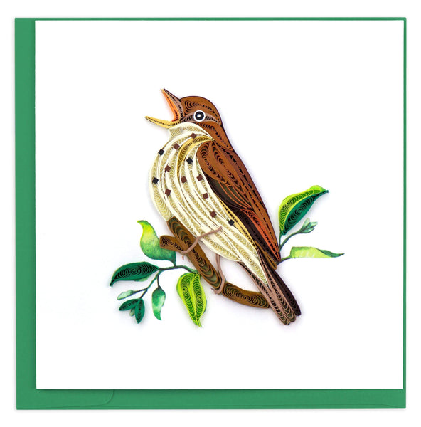 Blank greeting card of a brown and cream bird perched on leafy branch singing