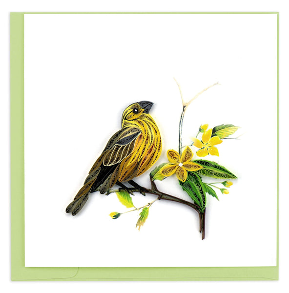 A yellow bird with brown streaks perched next to a yellow flower.