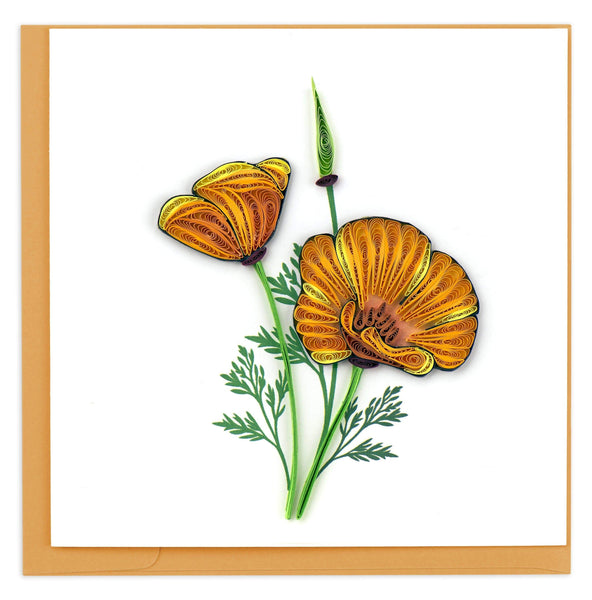 Blank greeting card featuring a quilled design of two yellow poppy flowers