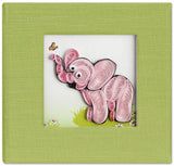 Sticky note pad cover in green linen featuring a quilled design of an elephant